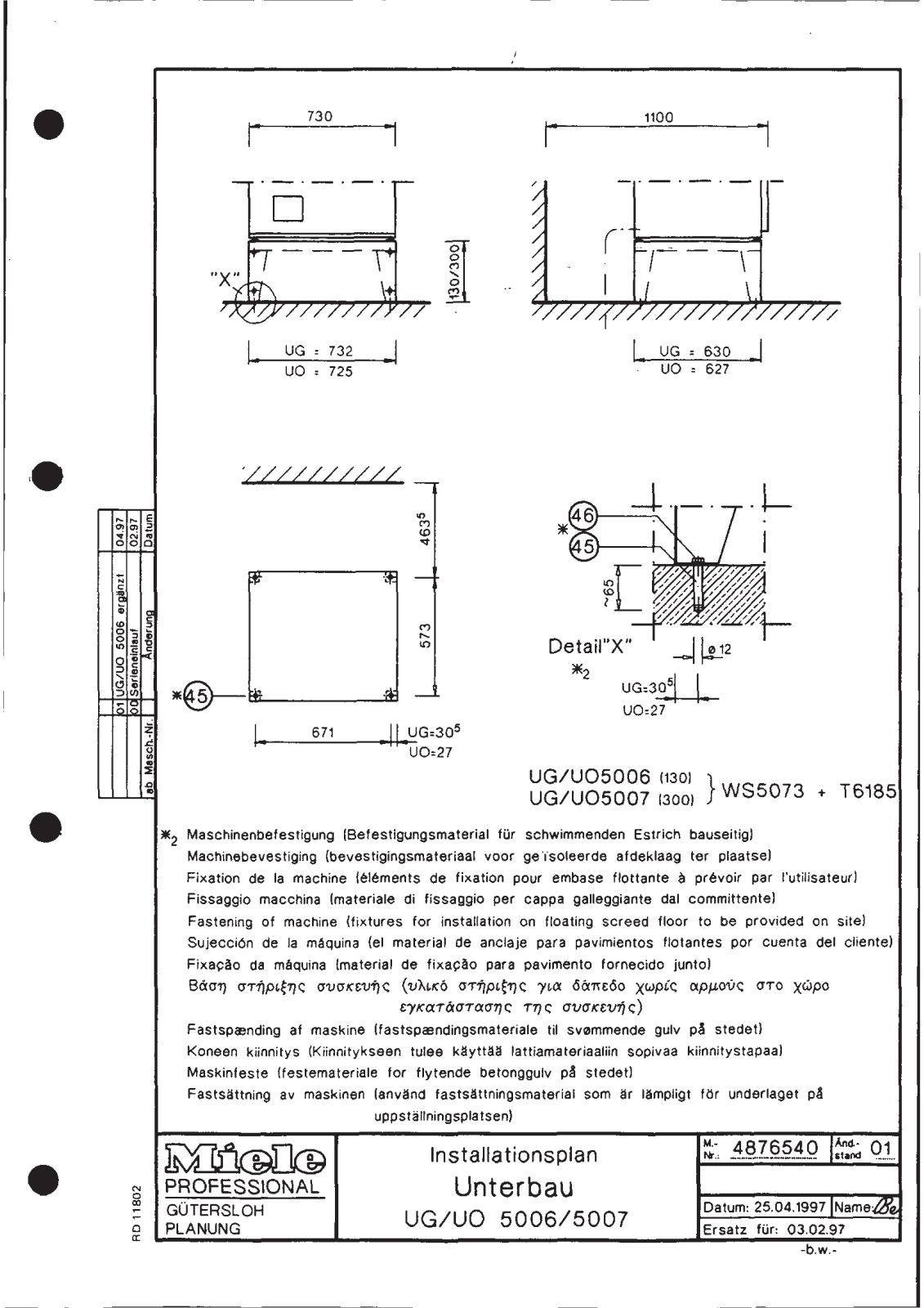 Miele UG 5007, UO 5006, UG 5006 Installation form