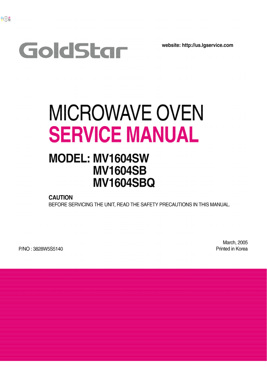 Goldstar Mv1604sb, Mv1604sbq, Mv1604sw Service Manual