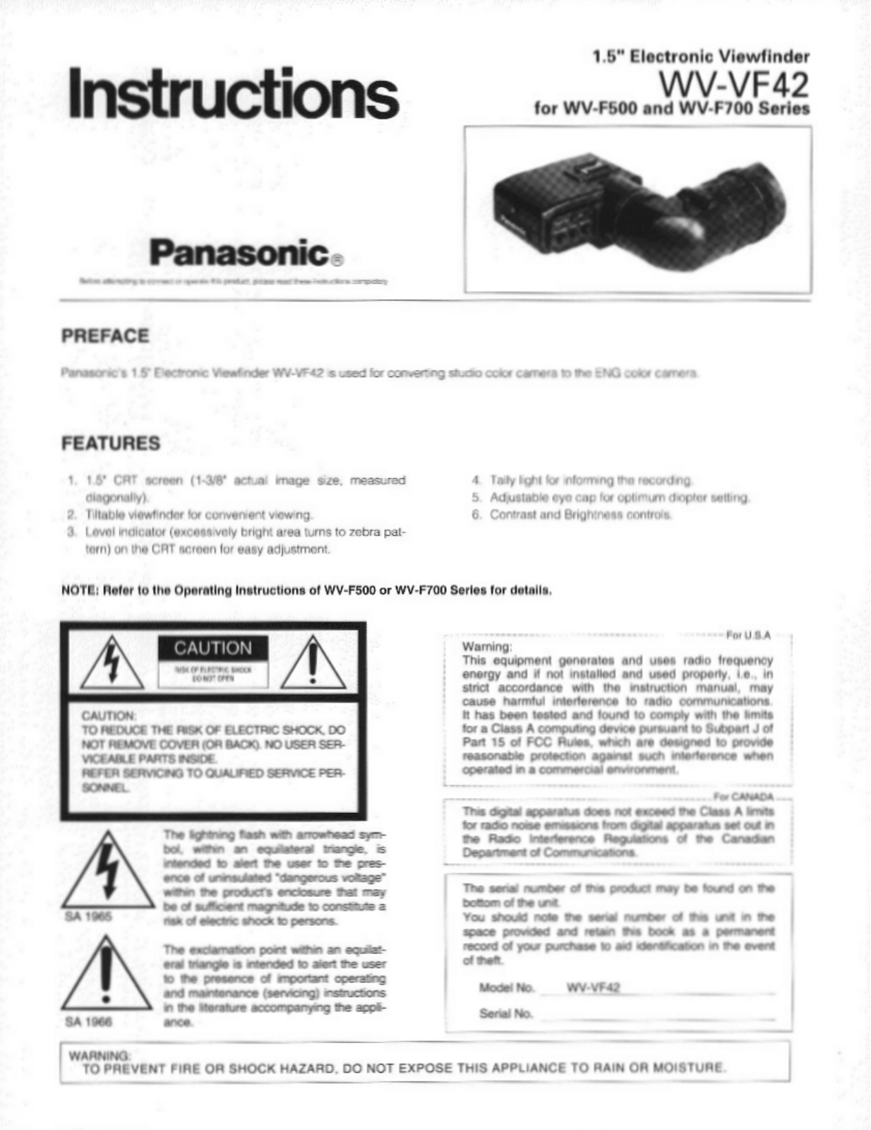 Panasonic WV-VF42 User Manual