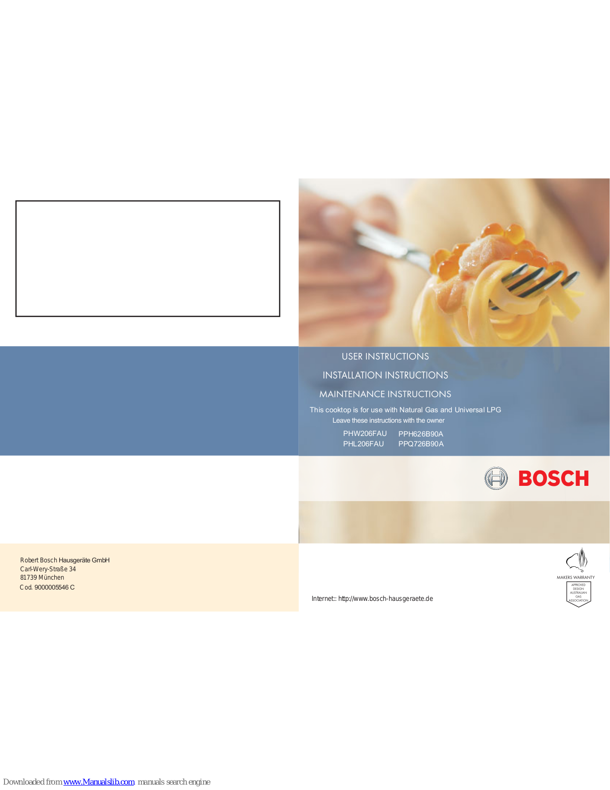 Bosch PHW206FAU, PHL206FAU, PCD615CAU User Instruction & Installation Manual