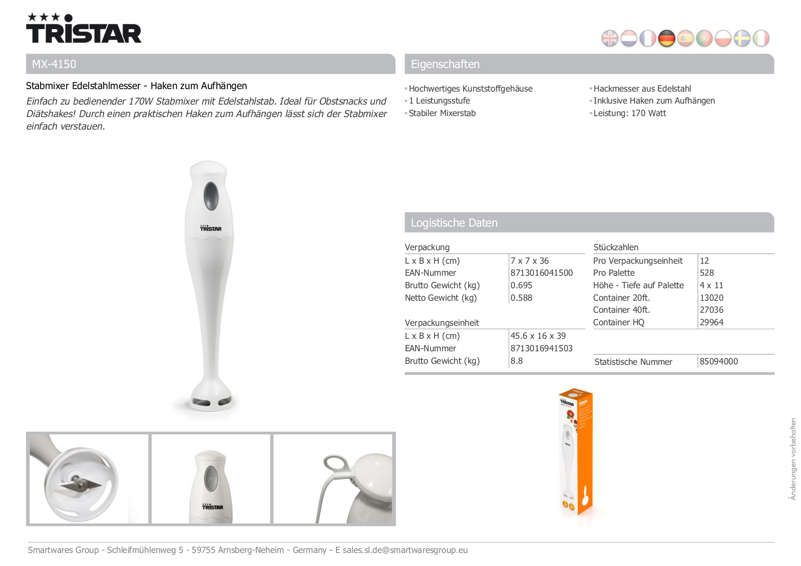 Tristar MX-4150 Technical data