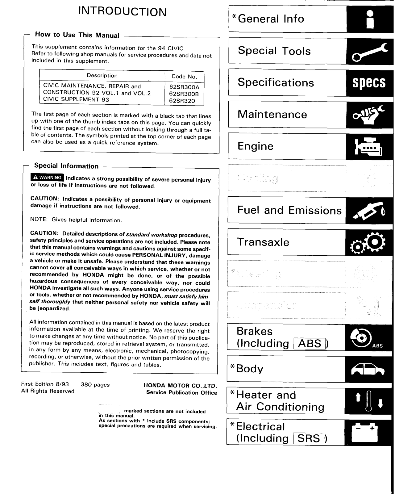 Honda Civic 1991 1995, Civic Hatchback 1994 User Manual