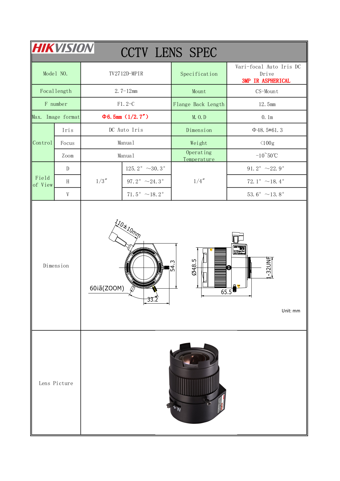 Hikvision TV2712D-MPIR Specsheet