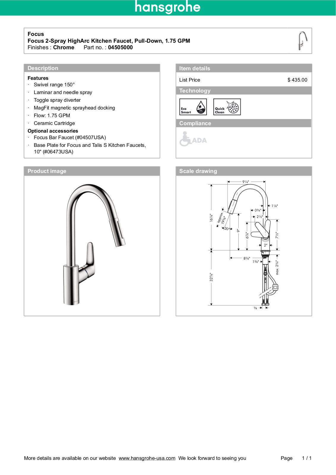 Hansgrohe 04505000 Specs