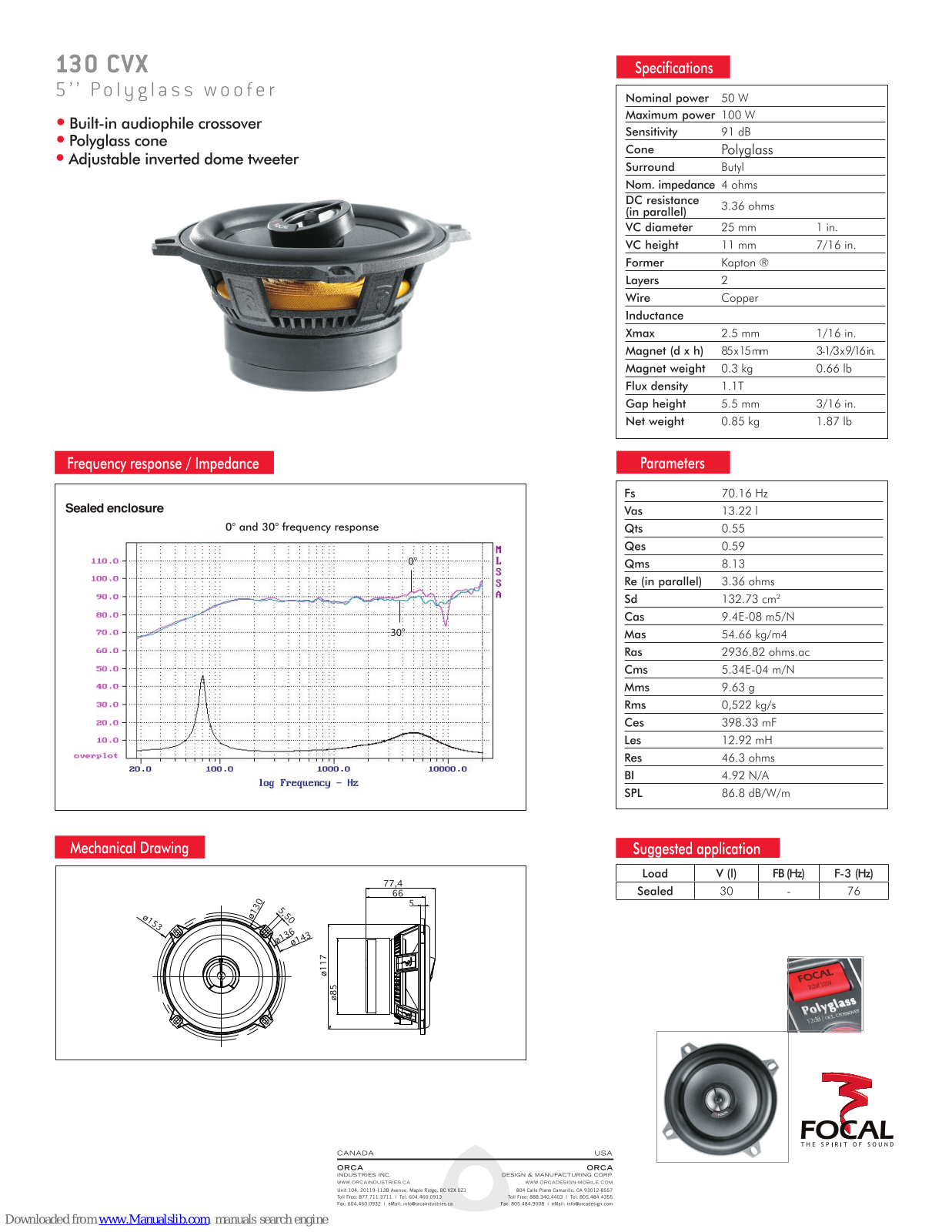 Focal Polyglass 130 CVX Specification Sheet - ManualMachine.com