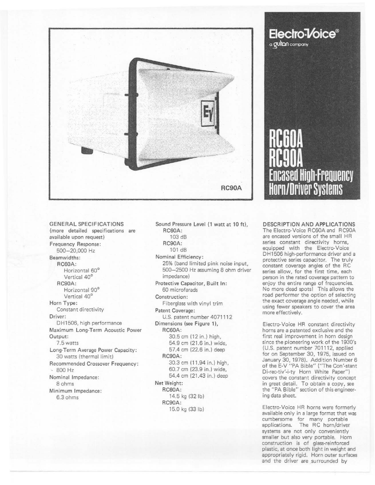 Electro-voice RC90A, RC60A DATASHEET