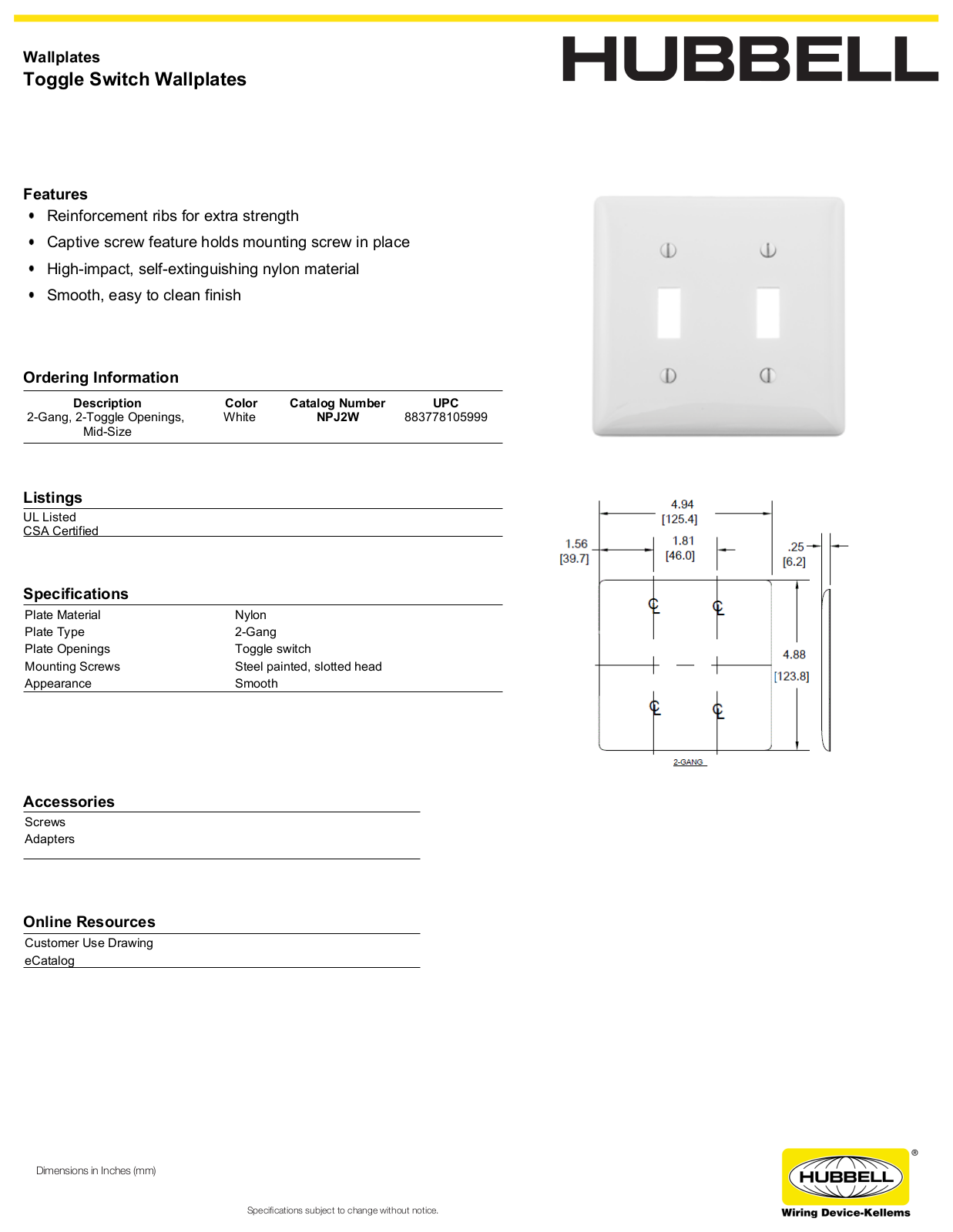 Hubbell NPJ2W Specifications