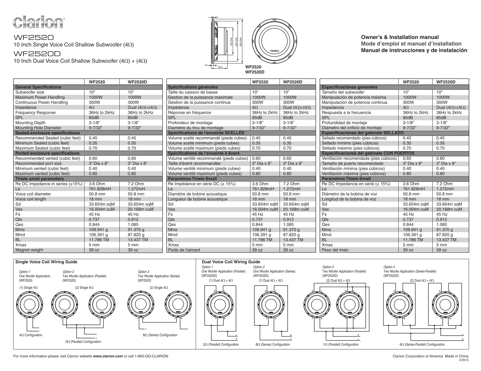 Clarion WF2520, WF2520D Owner's Manual