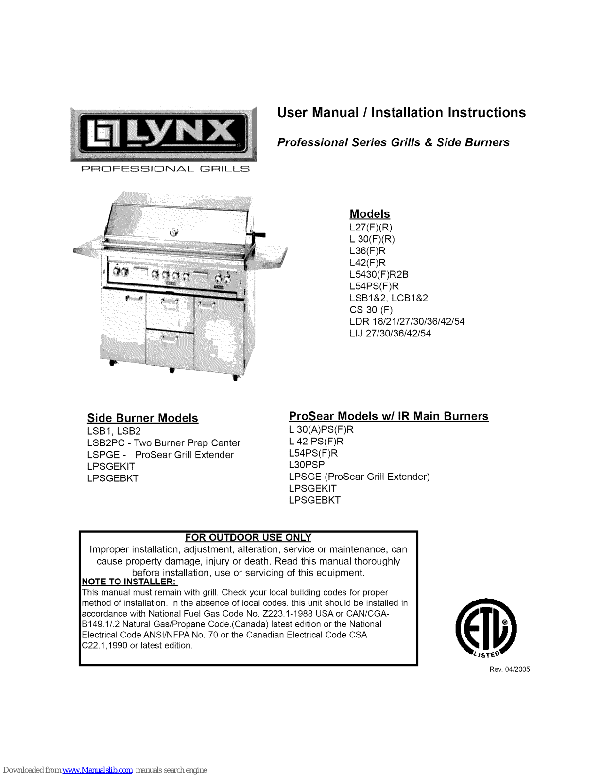 Lynx L5430, L42F, L54F, L27F, L30F User's Manual & Installation Instructions