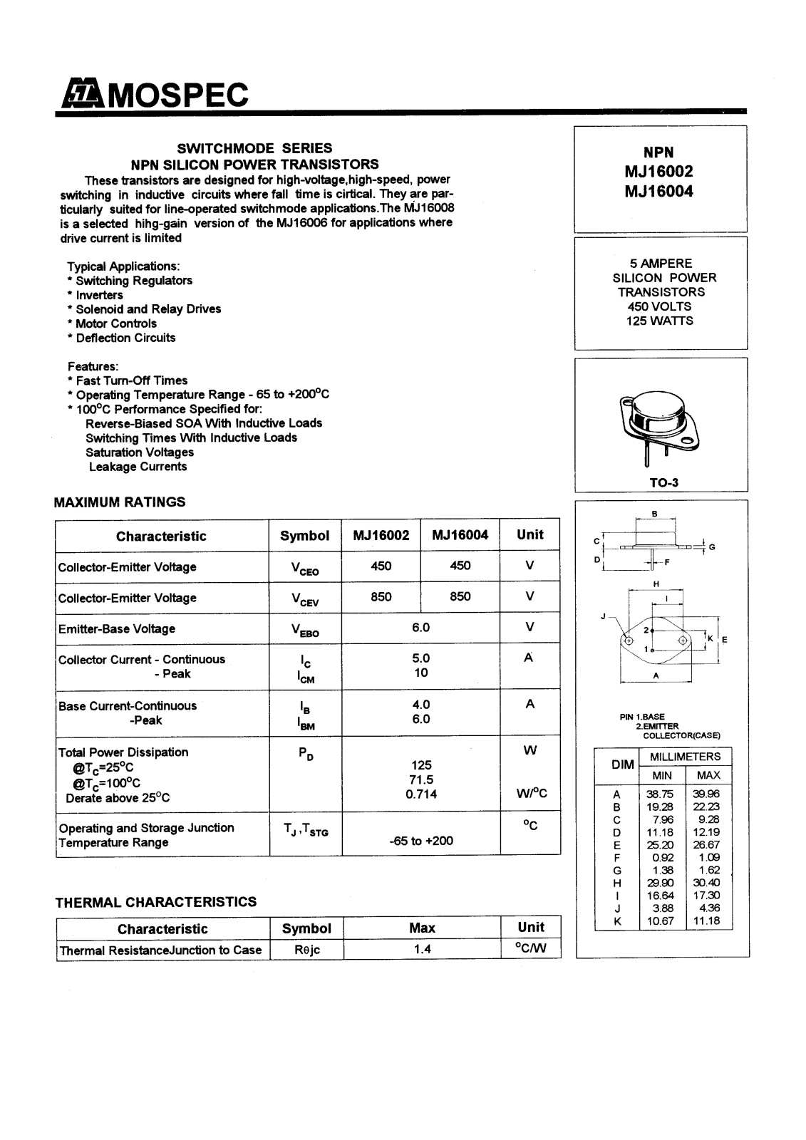 MOSPEC MJ16004, MJ16002 Datasheet