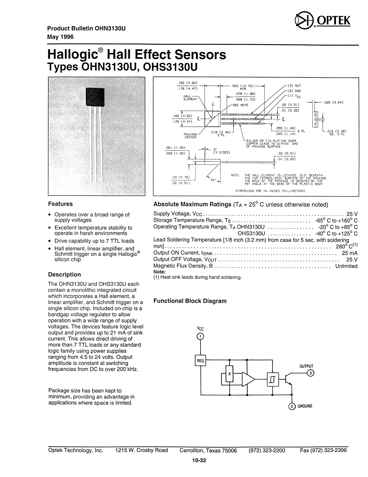 OPTEK OHS3130U, OHN3130U Datasheet