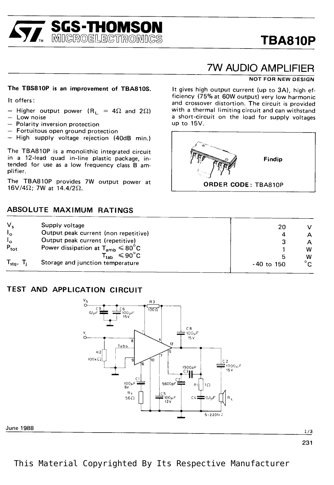 SGS Thomson Microelectronics TBA810P Datasheet