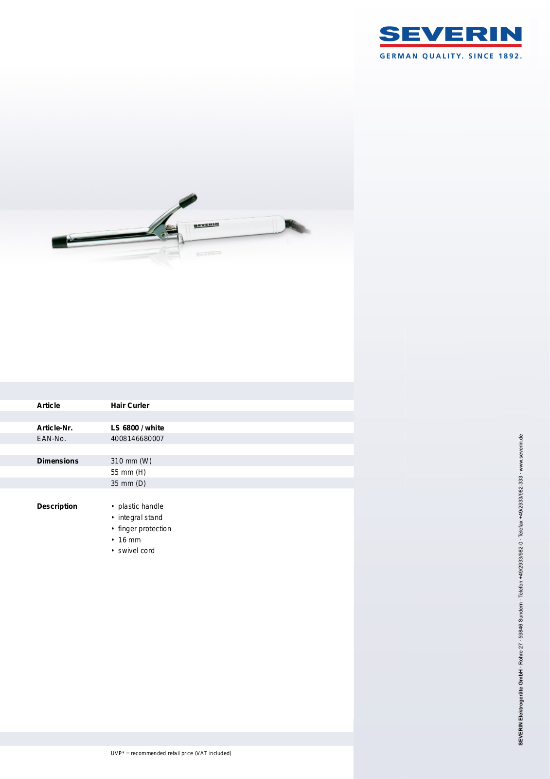 Severin HAIR CURLER, LS 6800 User Manual