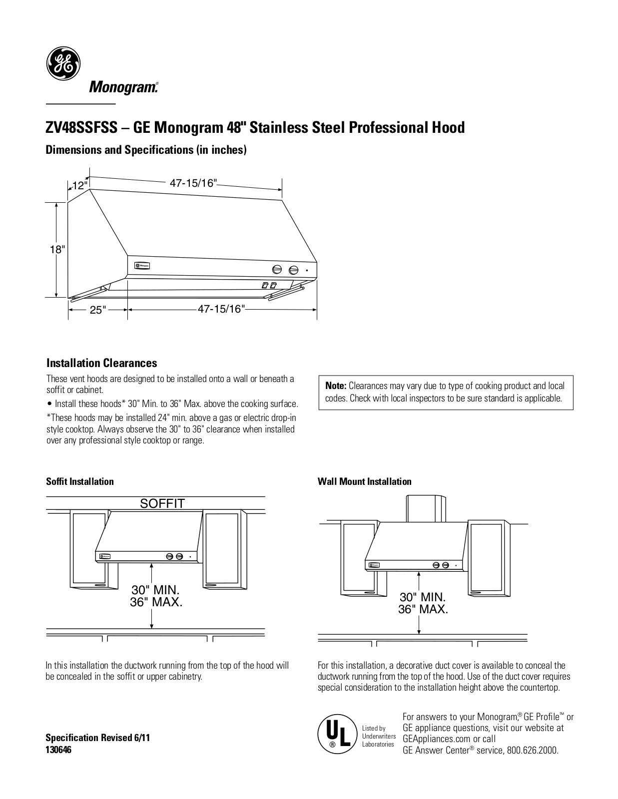 Monogram ZV48SSFSS Specifications