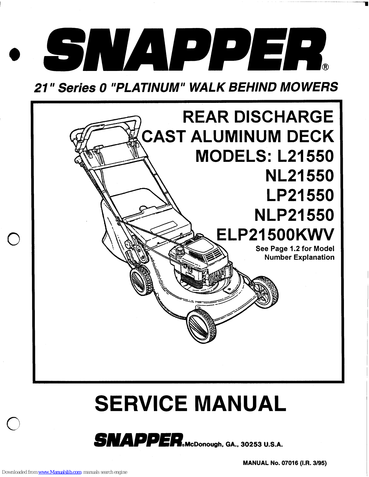 Snapper ELP21500KWV, LP21550, NL21550, L21550, NLP21550 Service Manual