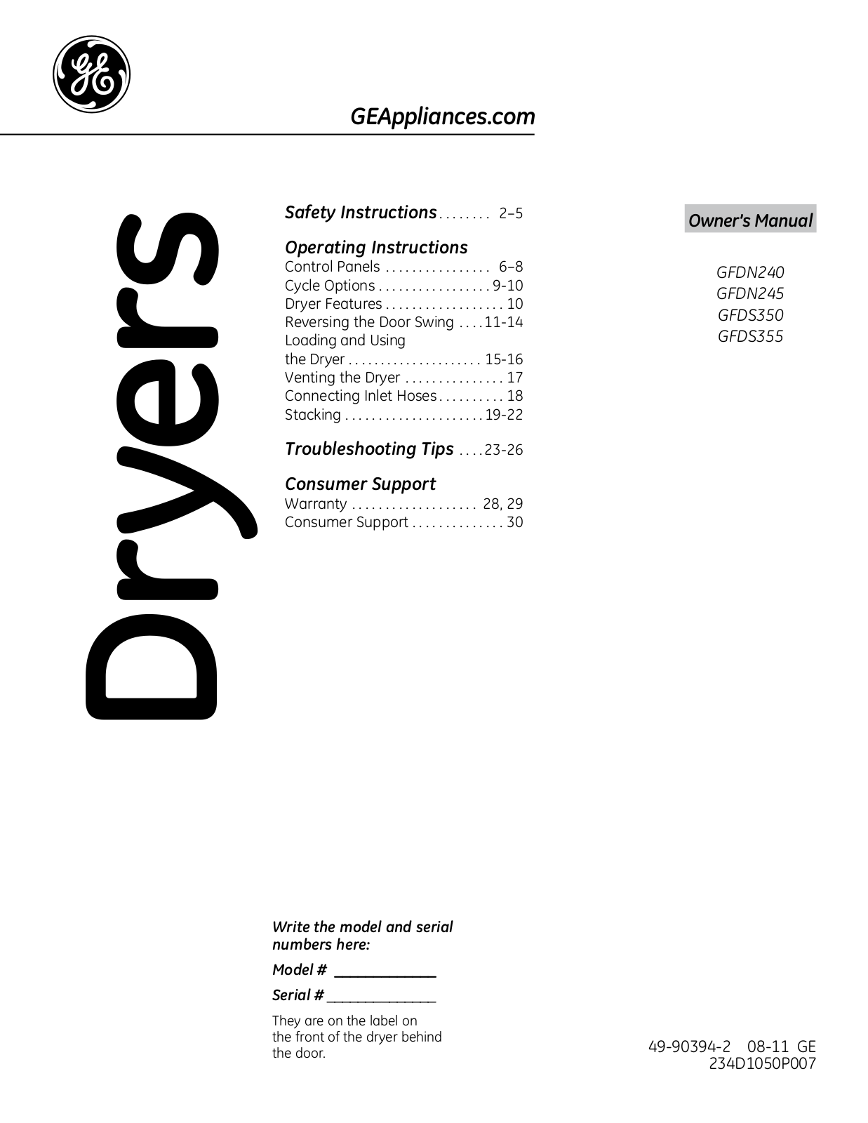 GE GFDS350GLWW User Manual