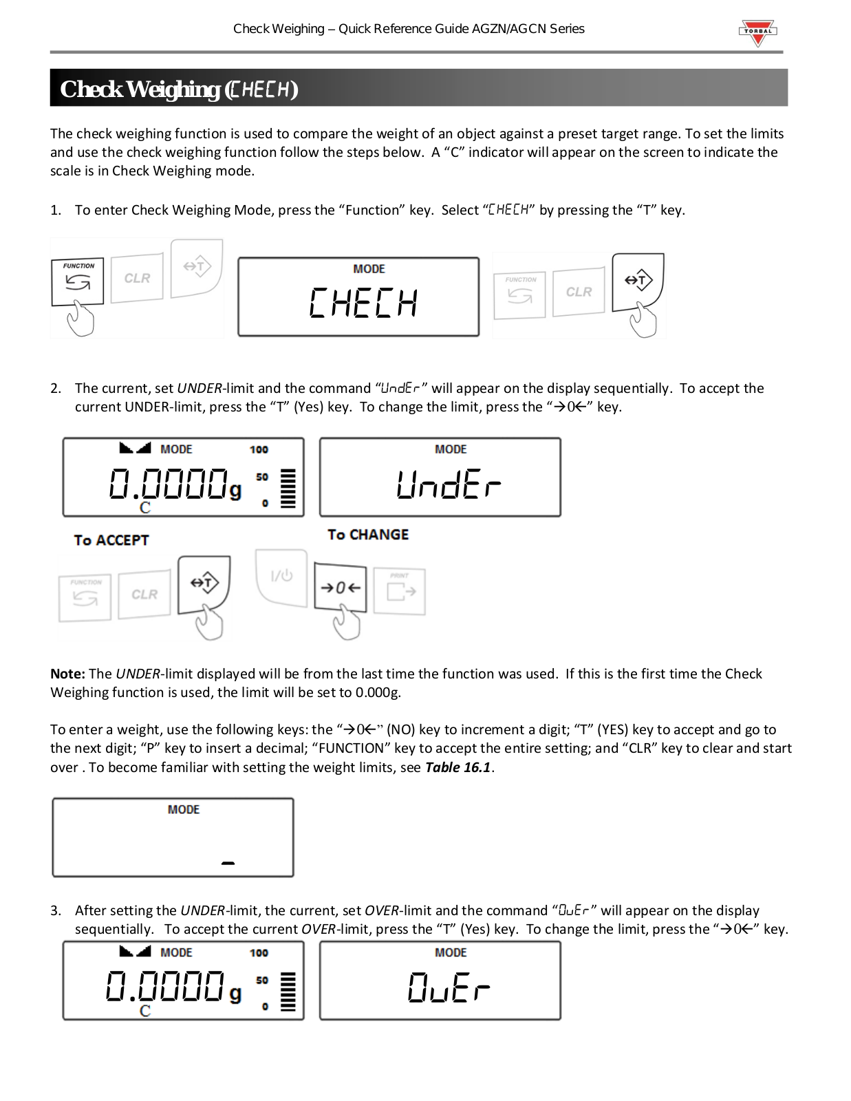 Torbal AGZN Series, AGCN Series Quick Reference Manual - ManualMachine.com