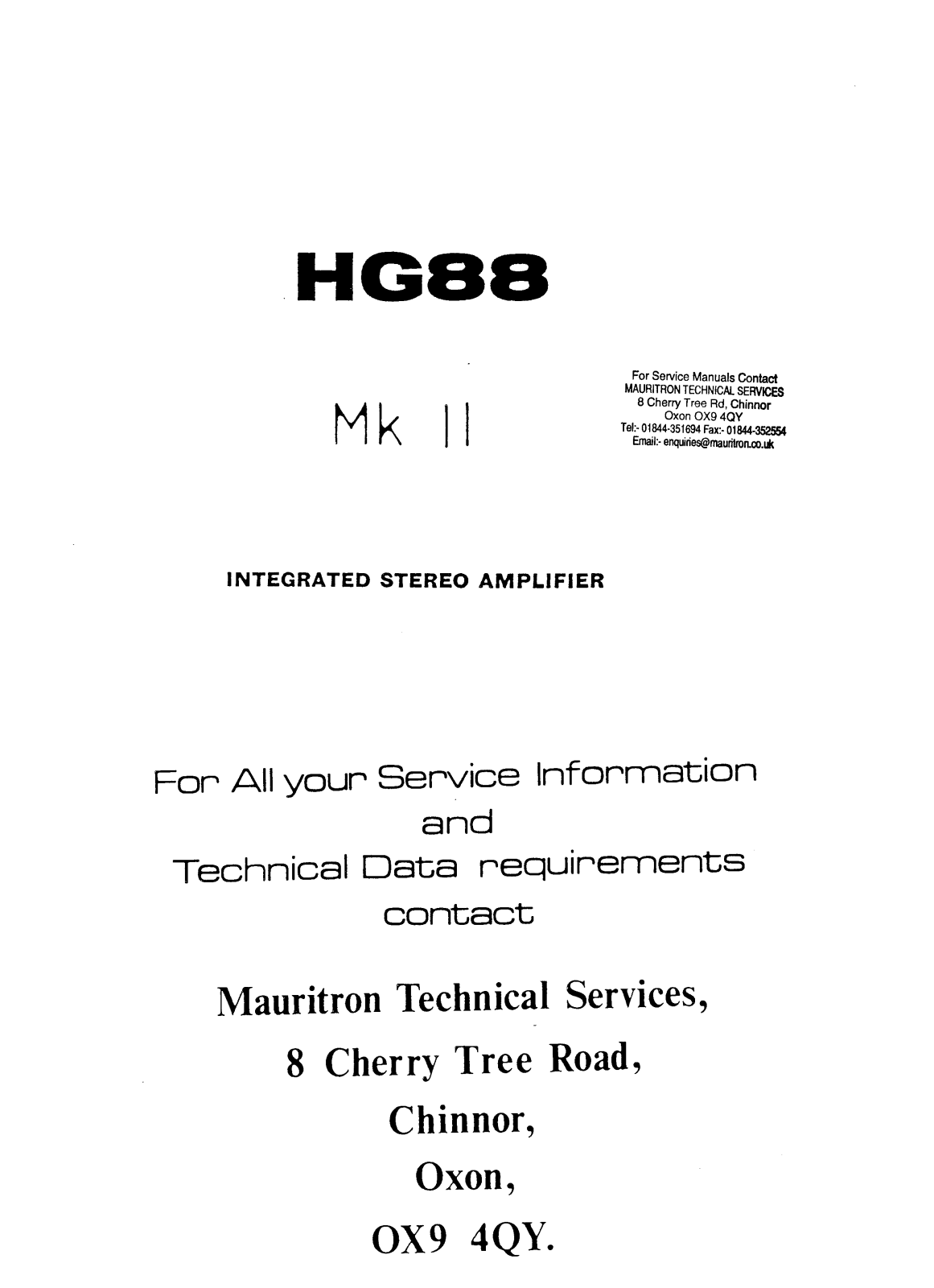 Rogers HG-88 Mk2 Owners manual