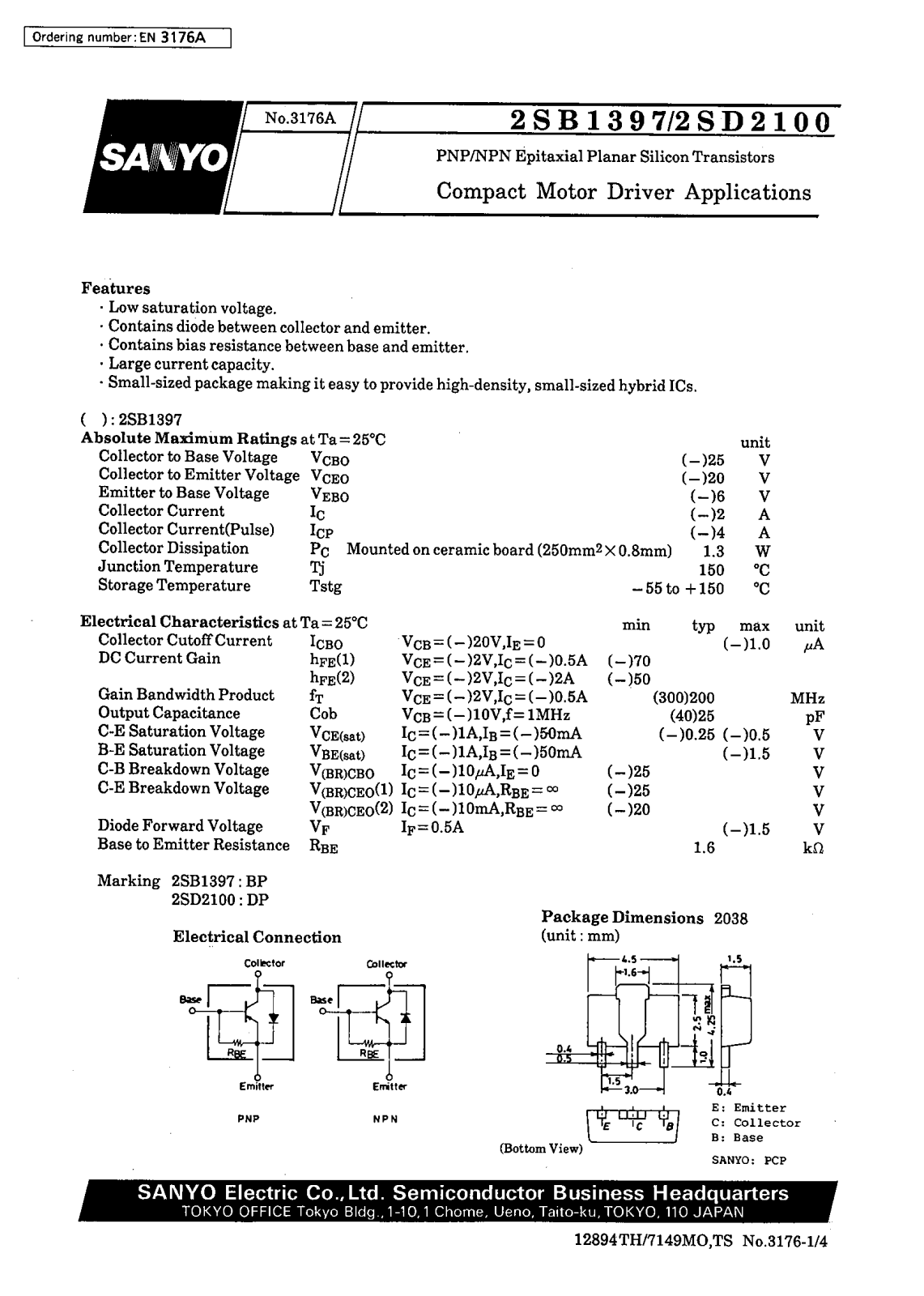 SANYO 2SD2100, 2SB1397 Datasheet