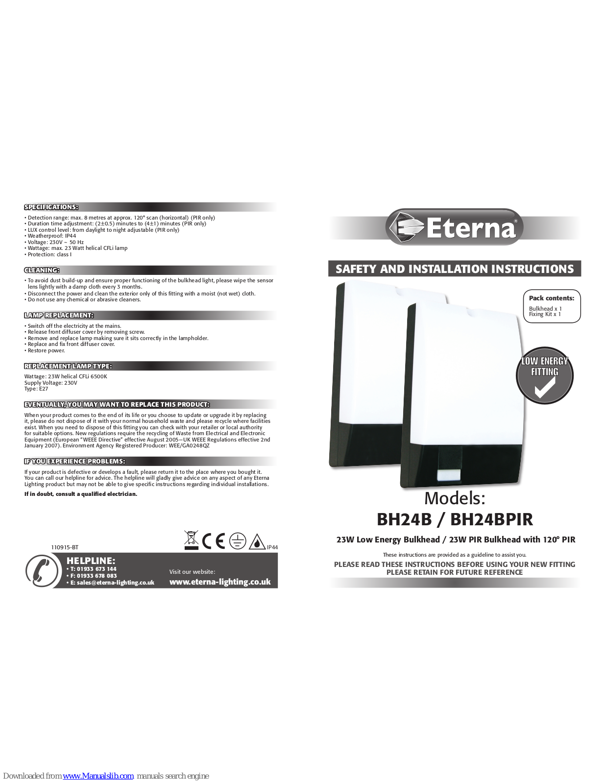 Eterna BH24B, BH24BPIR Safety And Installation Instructions Manual