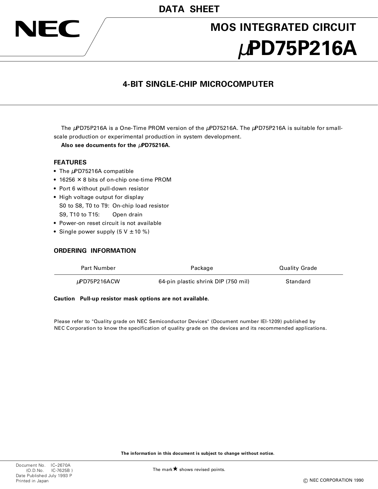 NEC UPD75P216ACW Datasheet