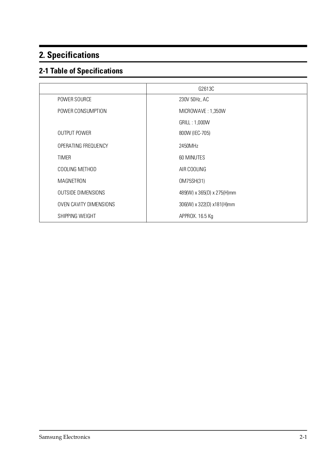 Samsung G2613C, G2613C-XEC Specifications