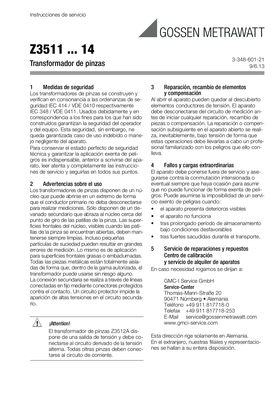 Gossen Metrawatt Z3511 Operating Instructions