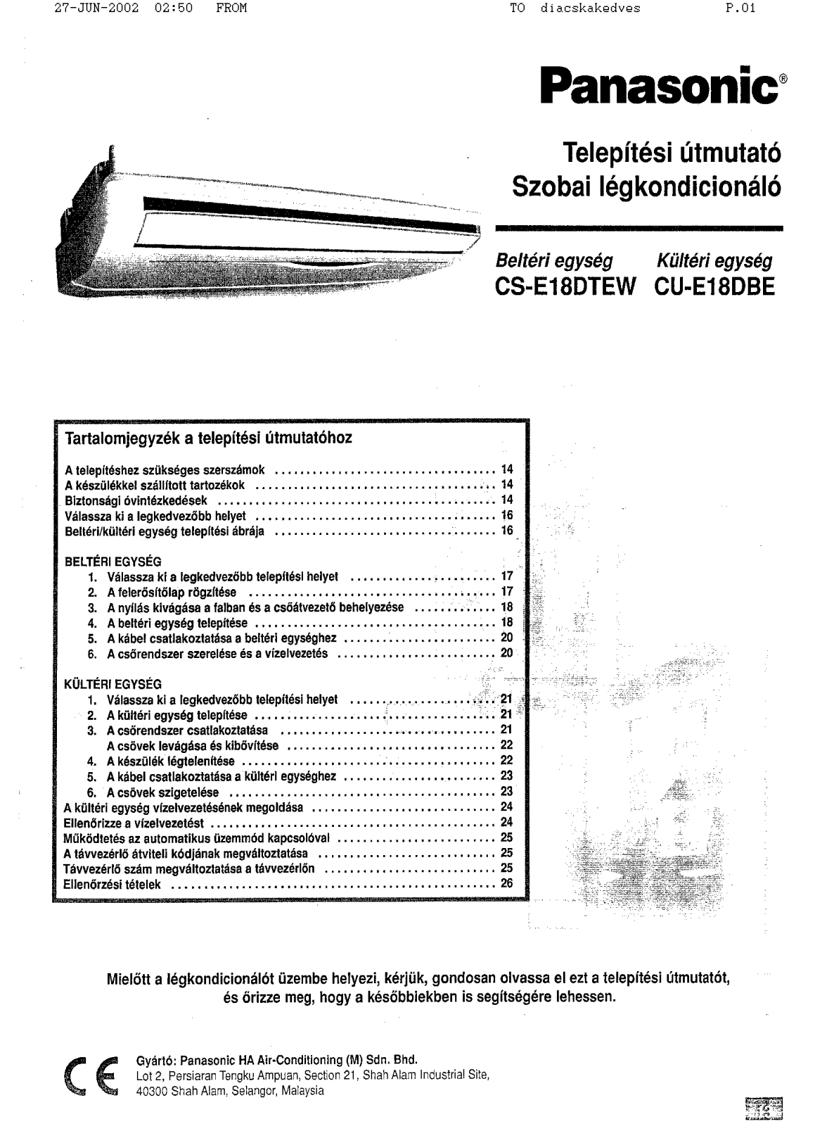 Panasonic CU-E18DBE, CS-E18TDEW User Manual