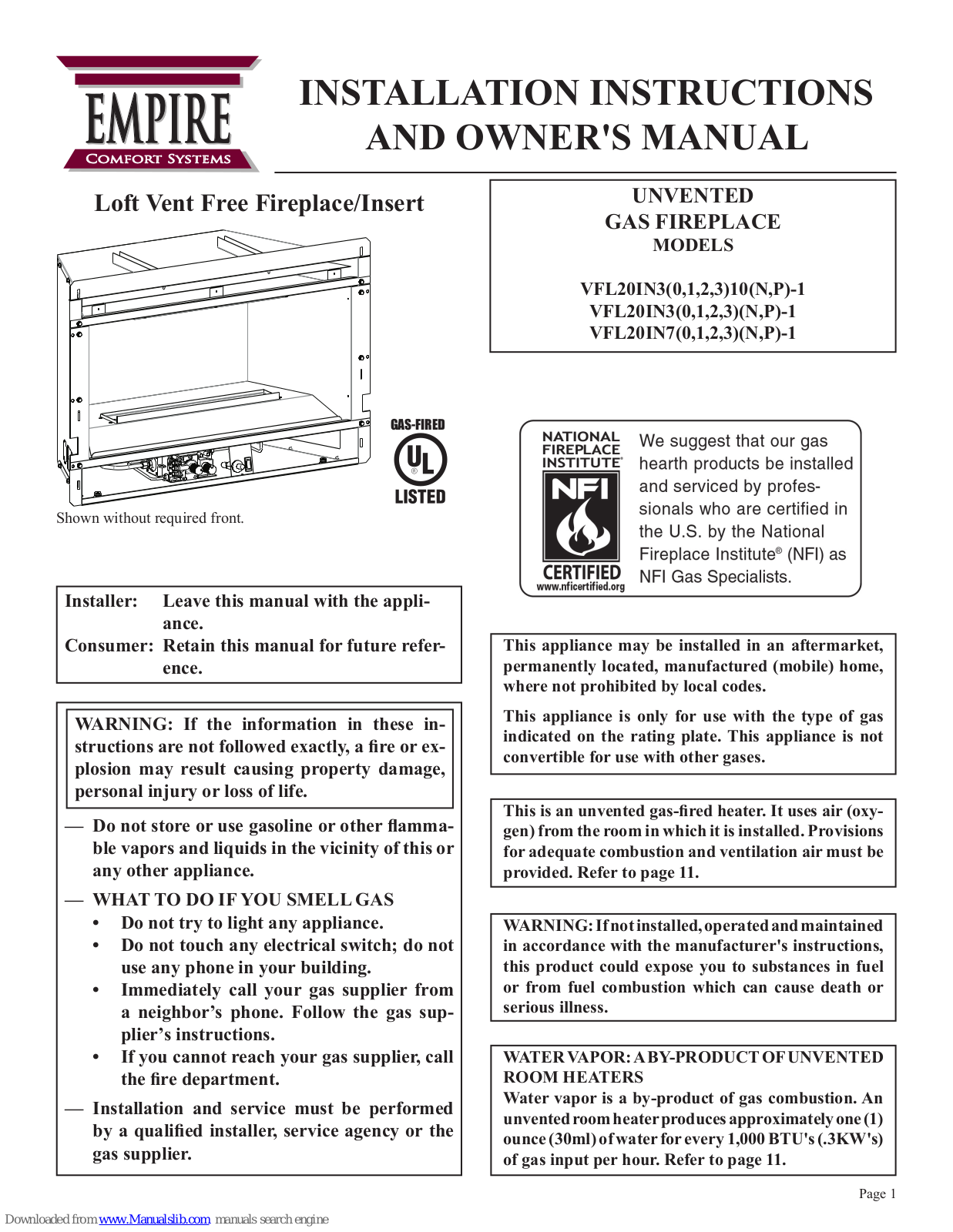 Empire Comfort Systems VFL20IN3110N-1, VFL20IN3110P-1, VFL20IN3210N-1, VFL20IN3210P-1, VFL20IN3310N-1 Owner's Manual