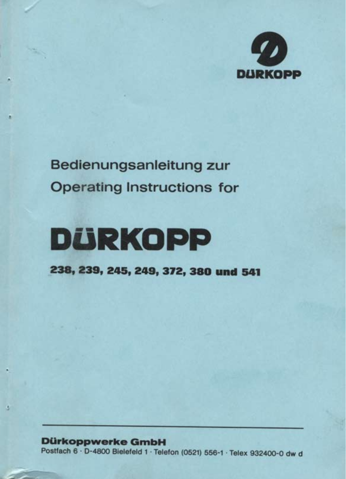 Duerkopp Adler 541 Operating Instruction