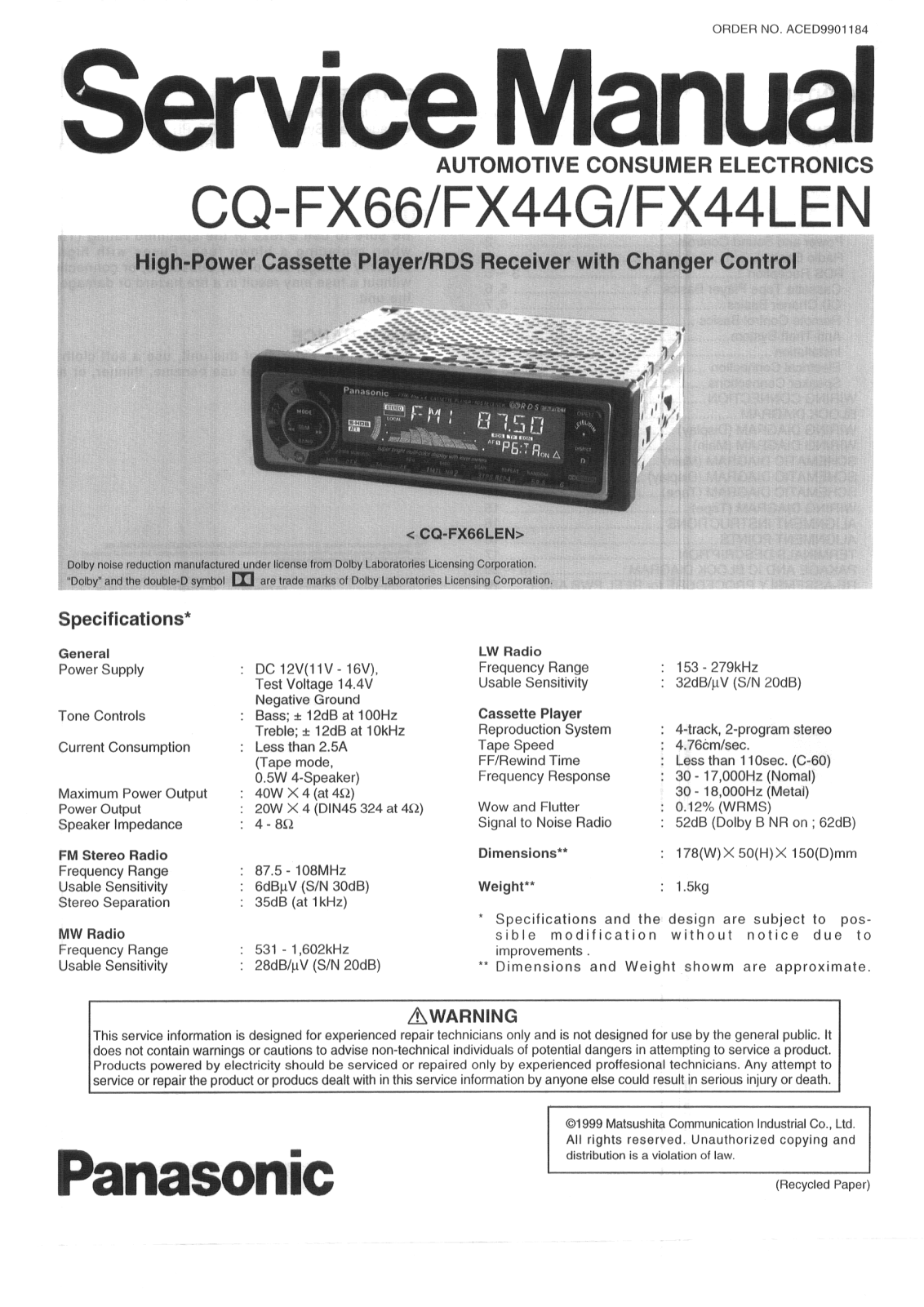 Panasonic CQ-FX66 Service Manual