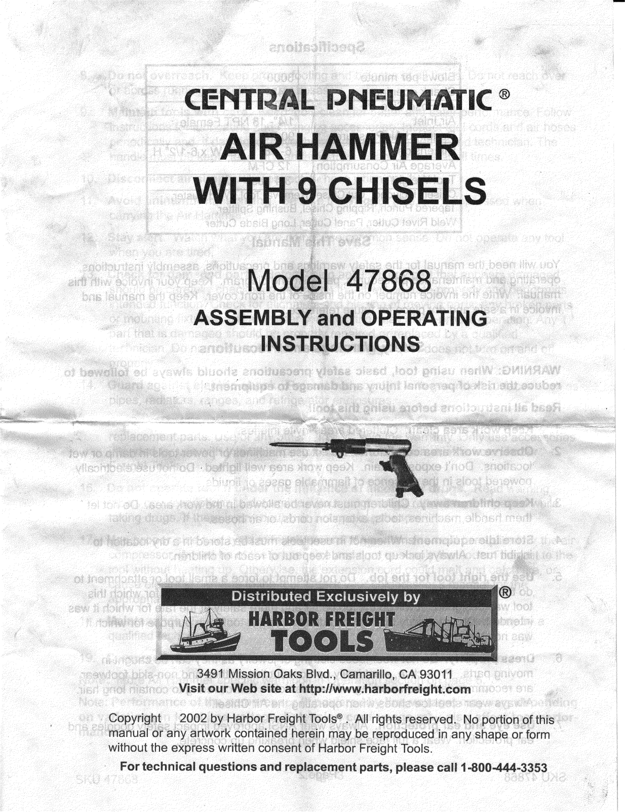 Central Pneumatic 47868 Operating Instructions