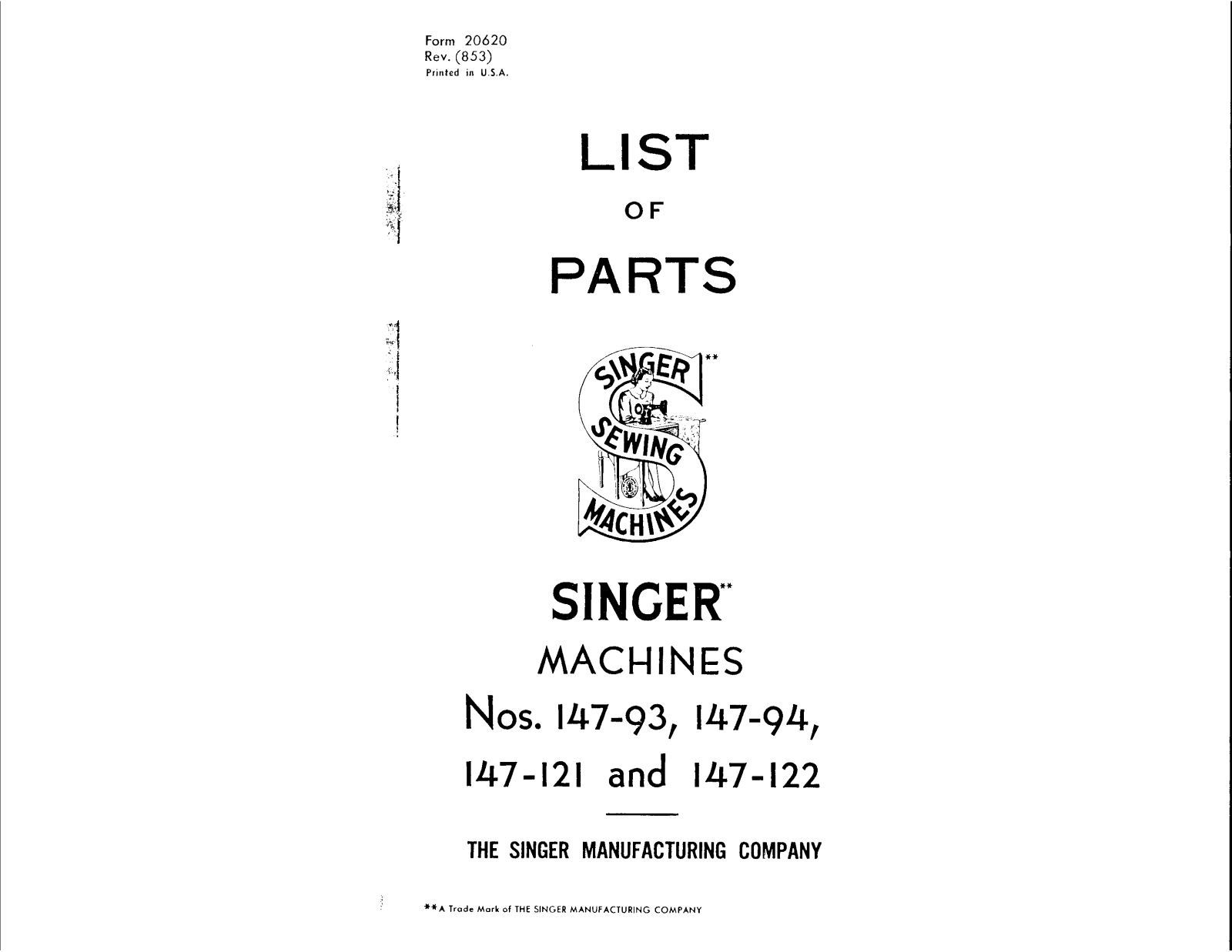 SINGER 147-93, 147-94, 147-121, 147-122 Parts List