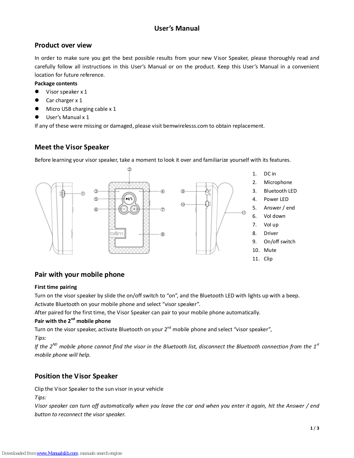 Bem Visor Speaker HL2068 User Manual