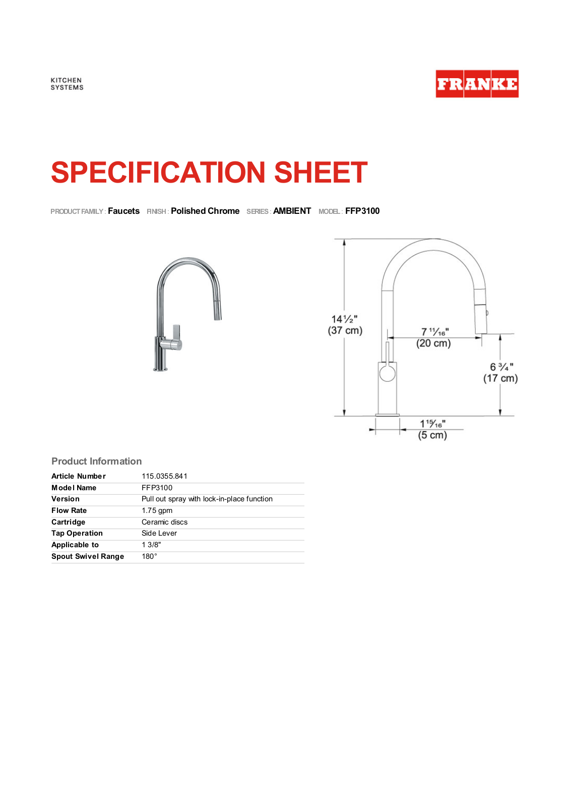 Franke FFP3100 Specifications