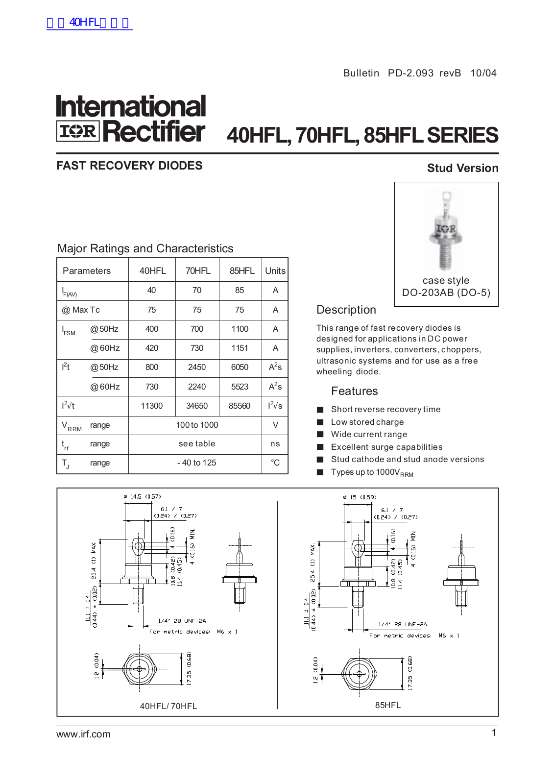 IOR 70HFL, 85HFL User Manual