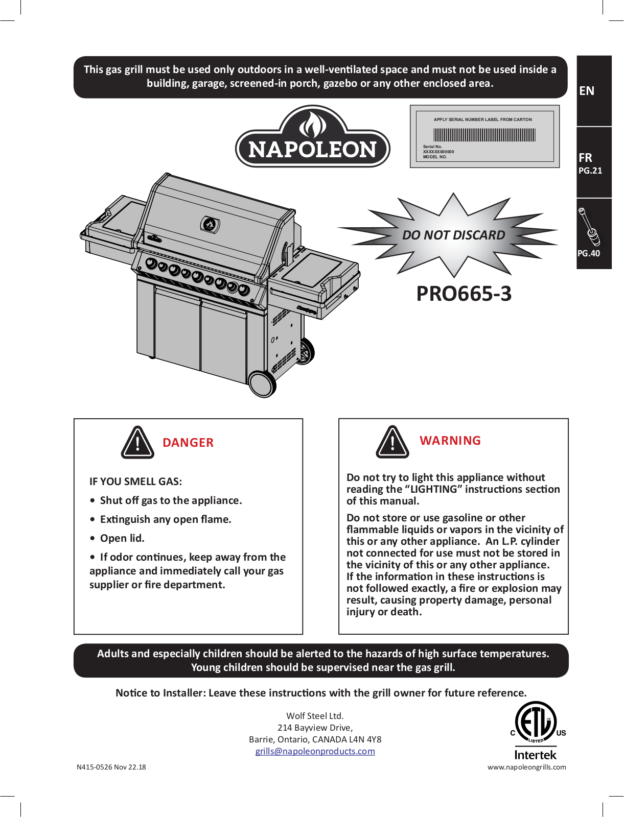 Napoleon PRO665RSIBPSS3 User Manual