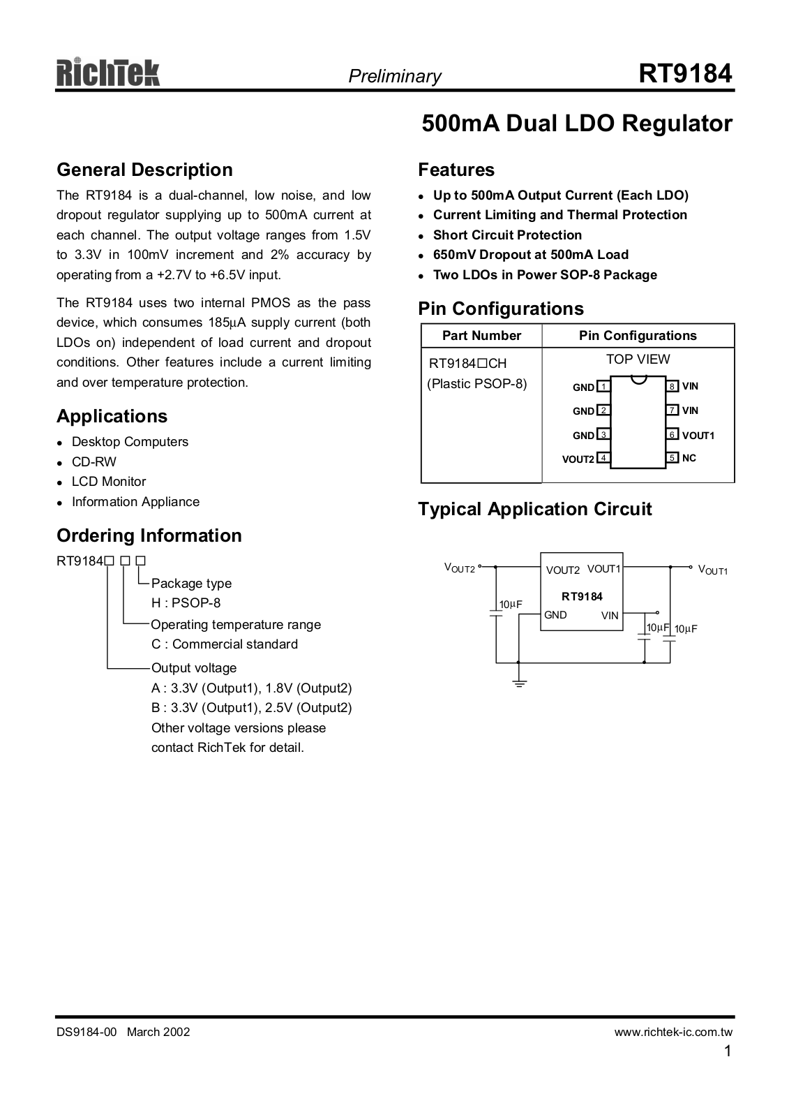 RICHTEK RT9184ACH, RT9184BCH Datasheet