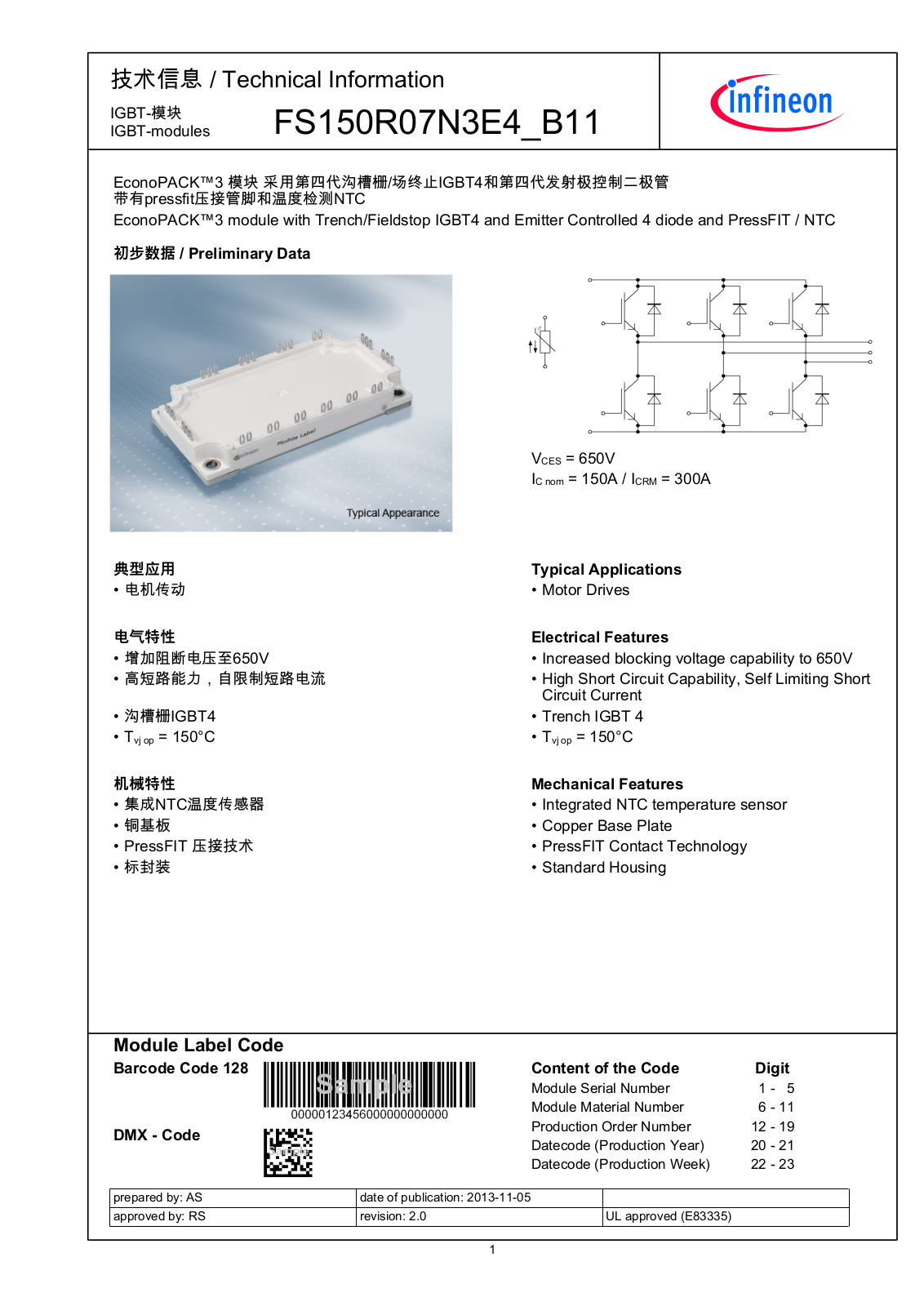 Infineon FS150R07N3E4-B11 Data Sheet