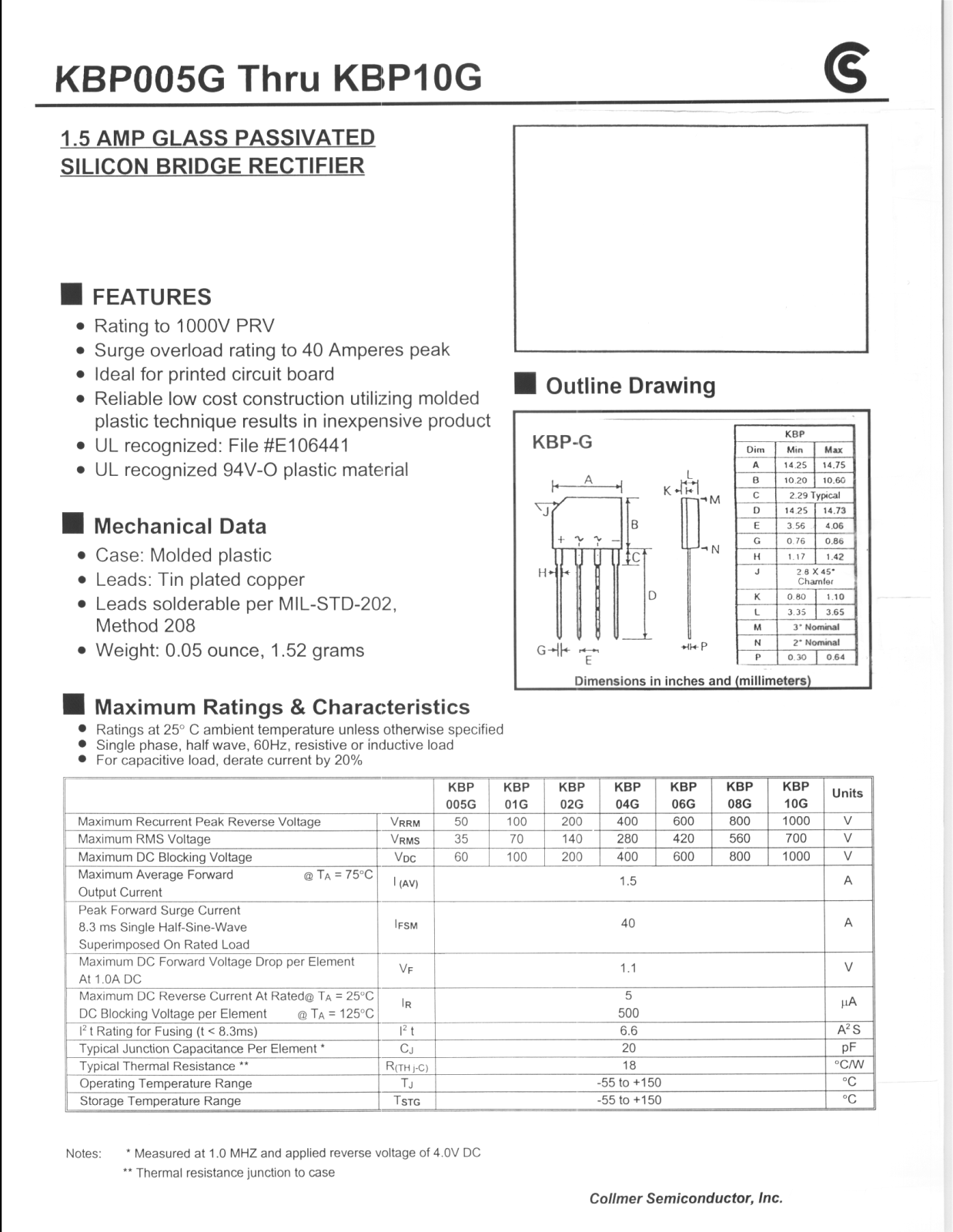 CALLMER KBP10G, KBP08G, KBP01G, KBP06G, KBP02G Datasheet