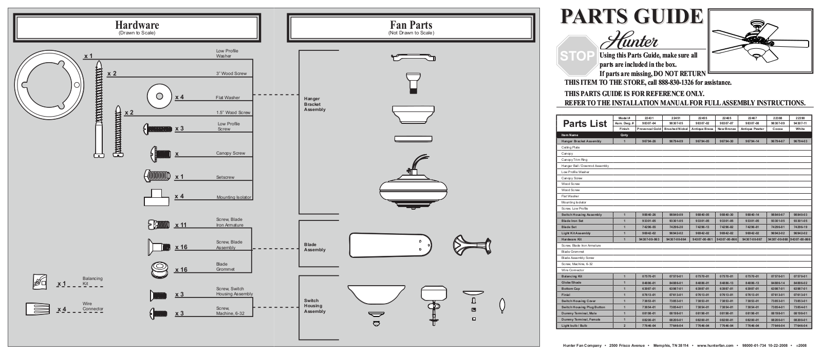 Hunter 22388 Parts Guide