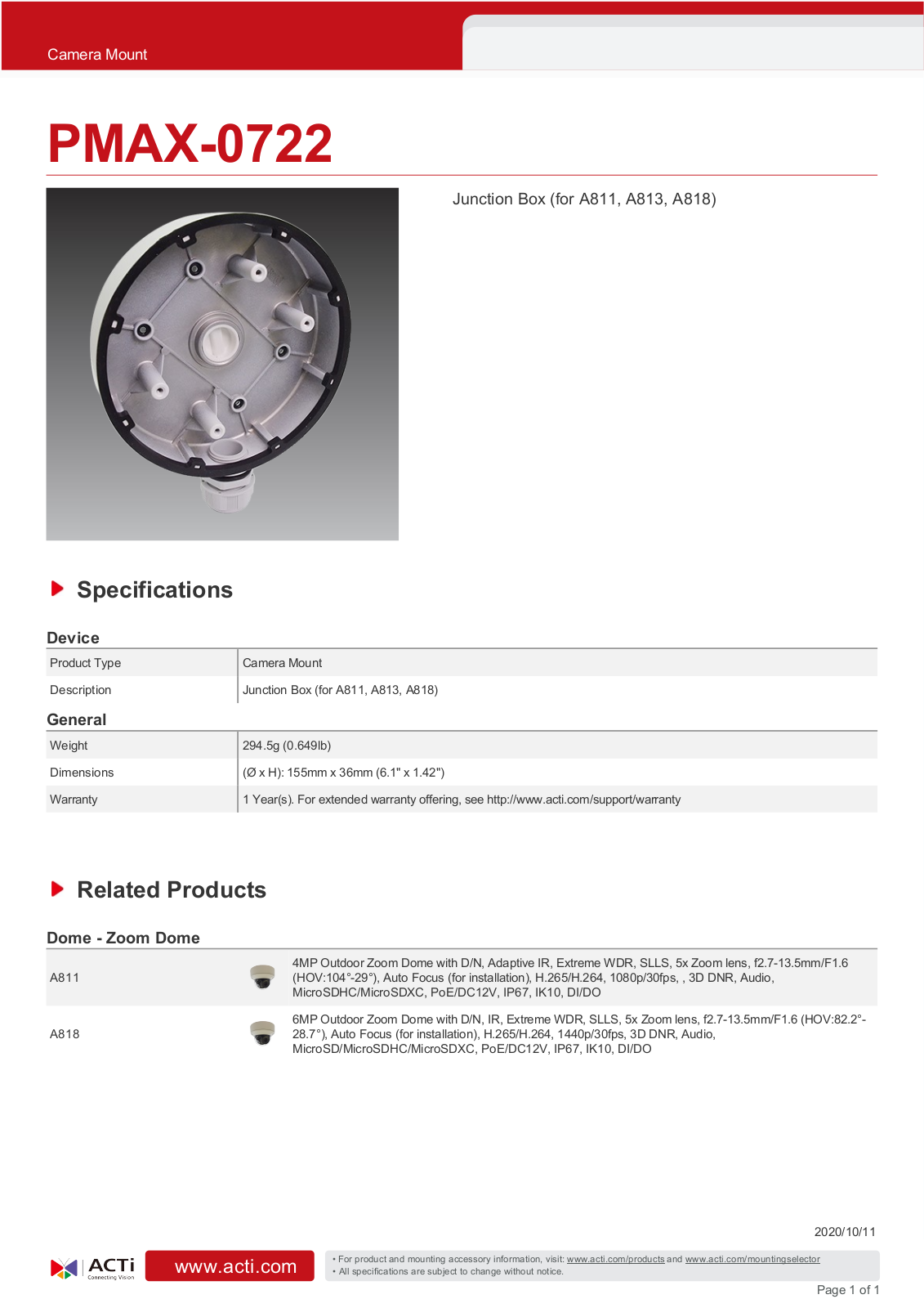 ACTi PMAX-0722 Specsheet