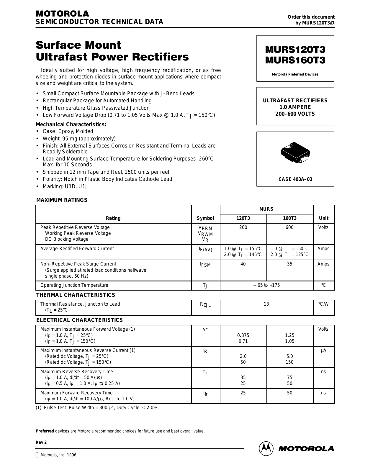 Motorola MURS160T3, MURS120T3 Datasheet