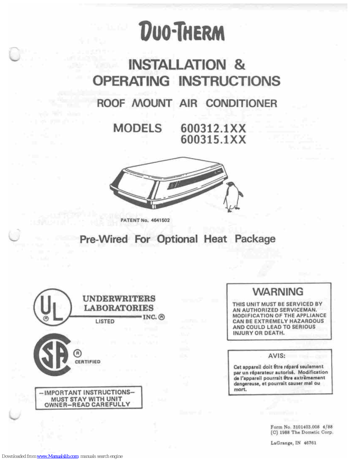 Duo-Therm 600312.1 series, 600215.1 series Installation & Operating Instructions Manual