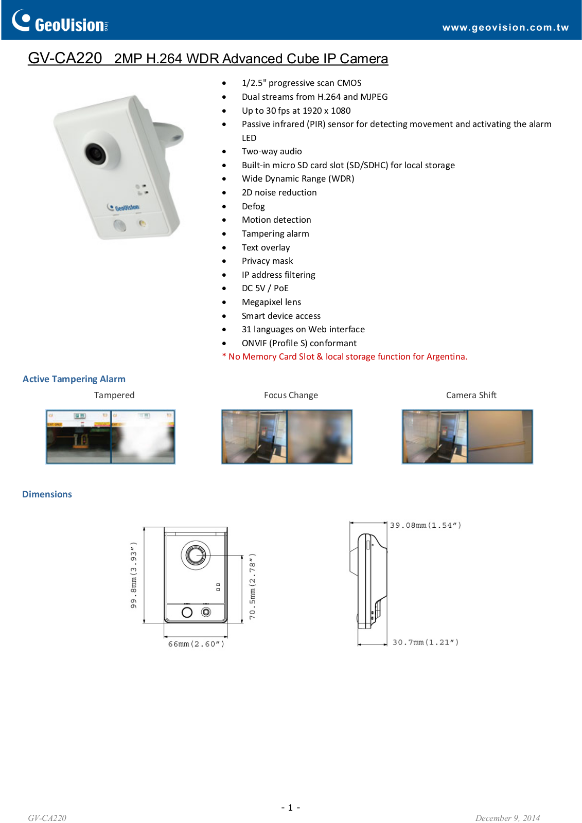 Geovision GV-CA220 Specsheet