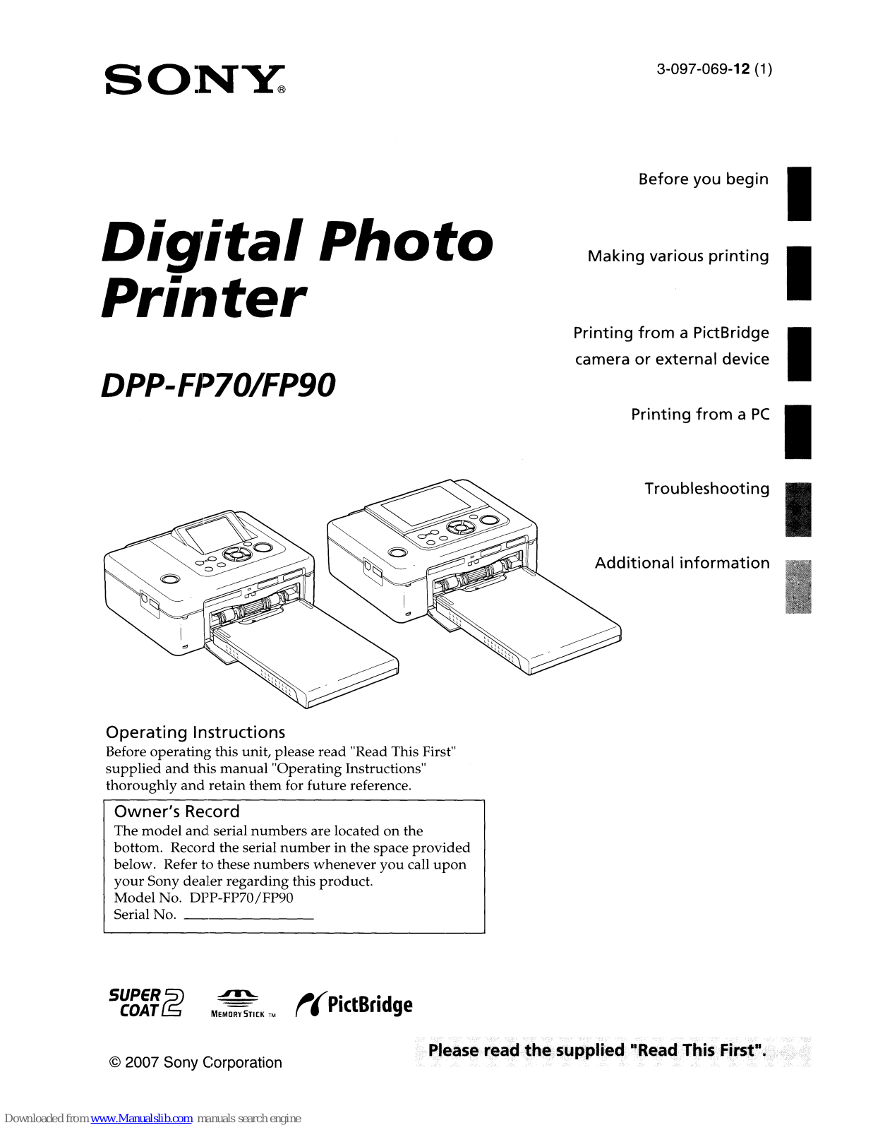 Sony DDP-FP70, DDP-FP90 Operating Instructions Manual