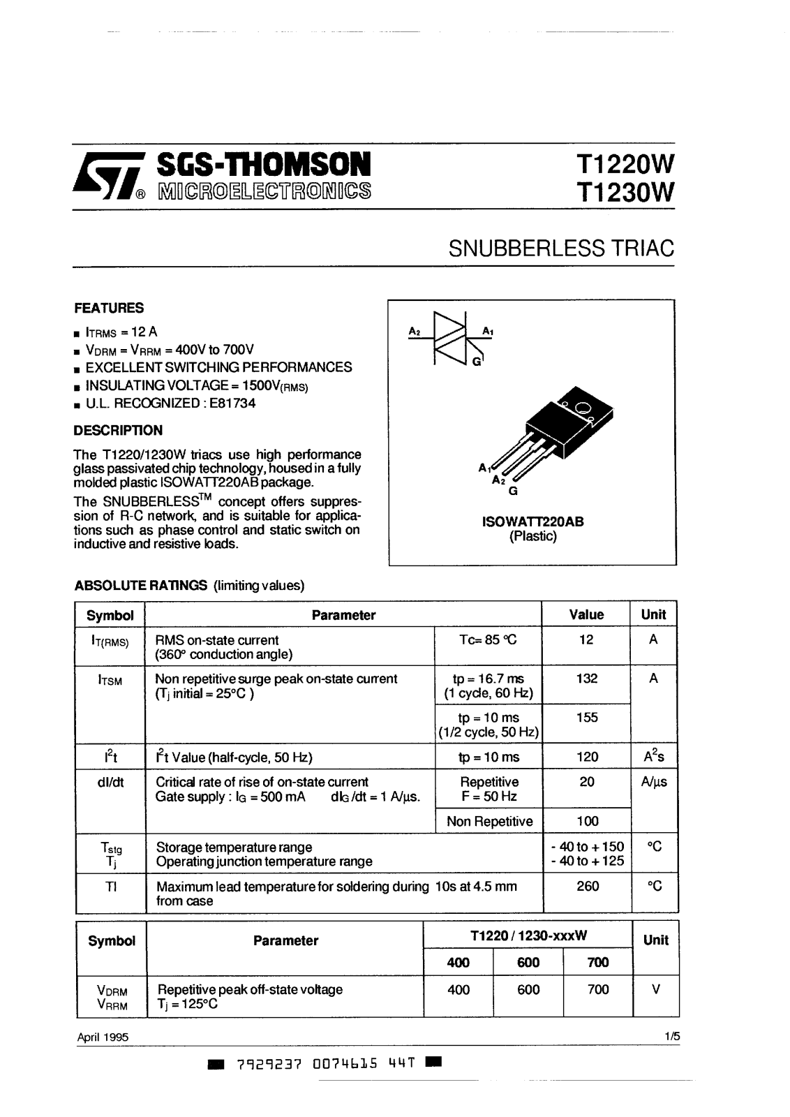 SGS Thomson Microelectronics T1230-700W, T1230-400W, T1230-600W, T1220-600W, T1220-400W Datasheet