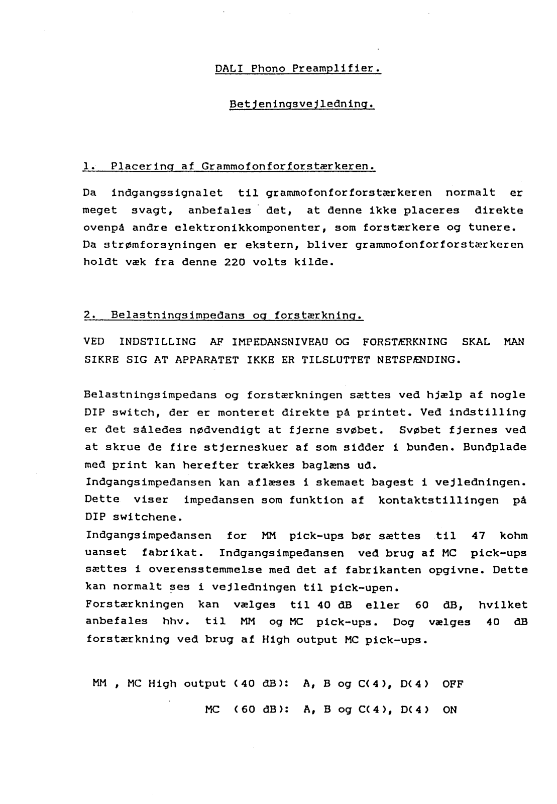 Dali Phono Pre-Amplifier Owners manual