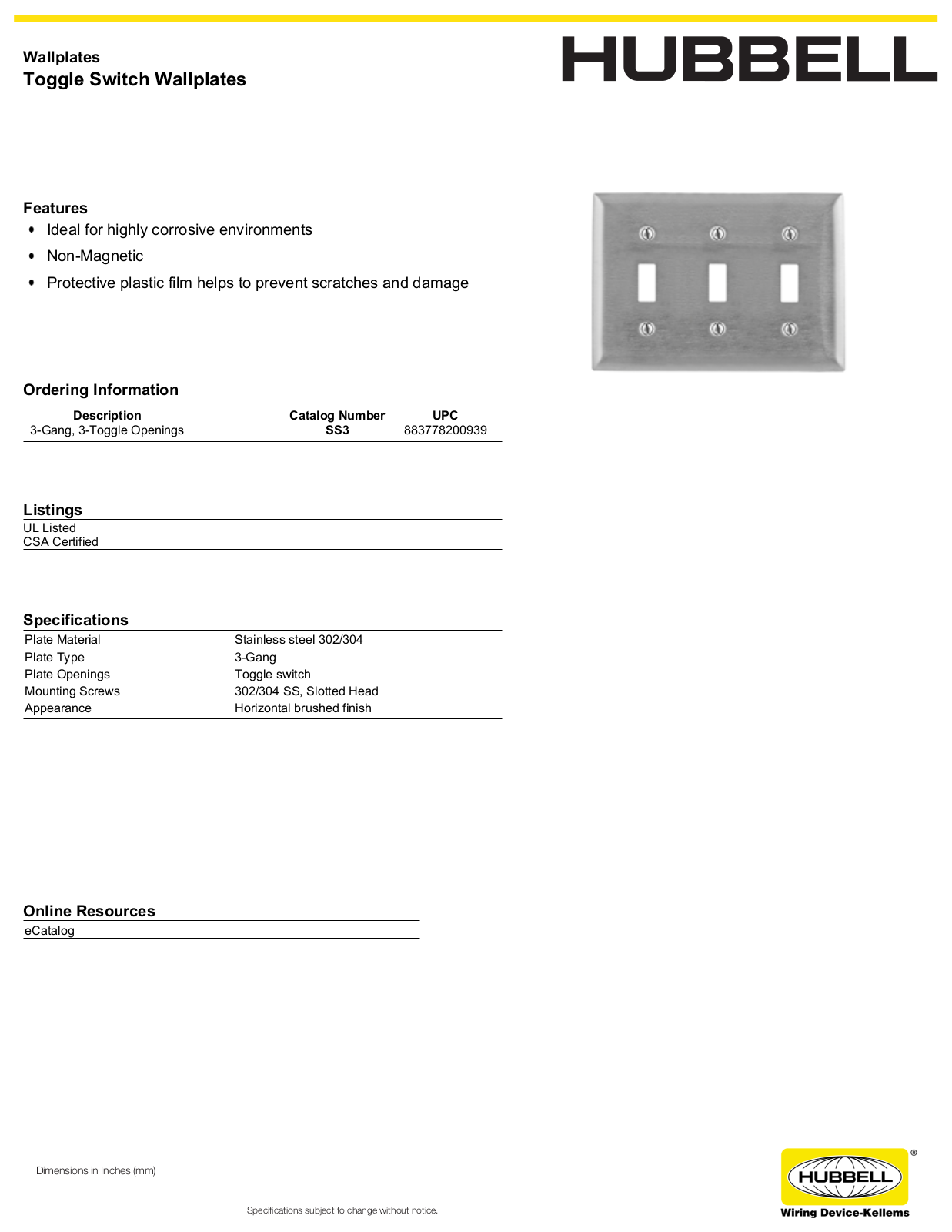 Hubbell SS3 Specifications