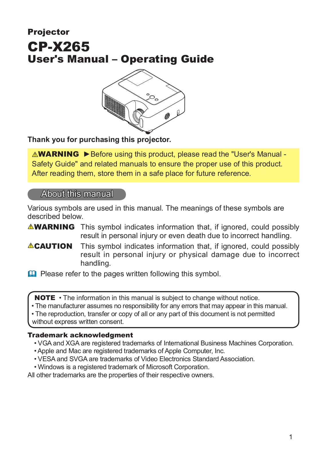 Hitachi CP-X265 Operating Guide